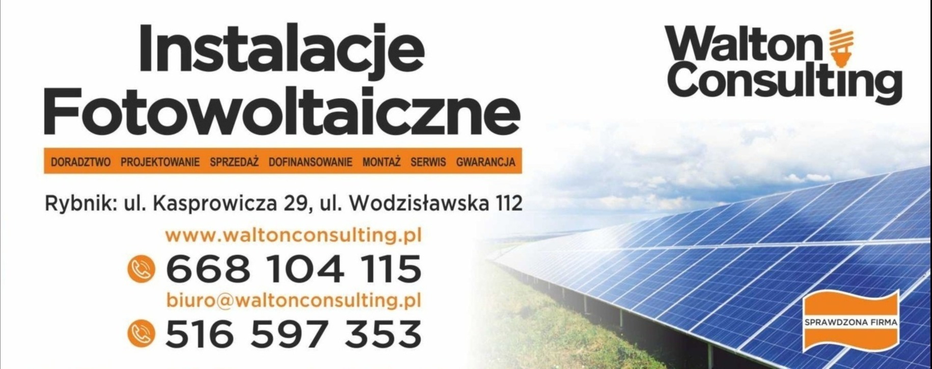 Baner reklamowy firmy Walton Consulting oferującej instalacje fotowoltaiczne, z widocznymi panelami słonecznymi w tle i informacjami kontaktowymi.