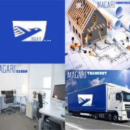 Kompozycja z logo firmy w czterech wariantach: budowa domu z planami, czyste biuro, ciężarówka z naczepą w barwach firmy, logo firmy na niebieskim tle.