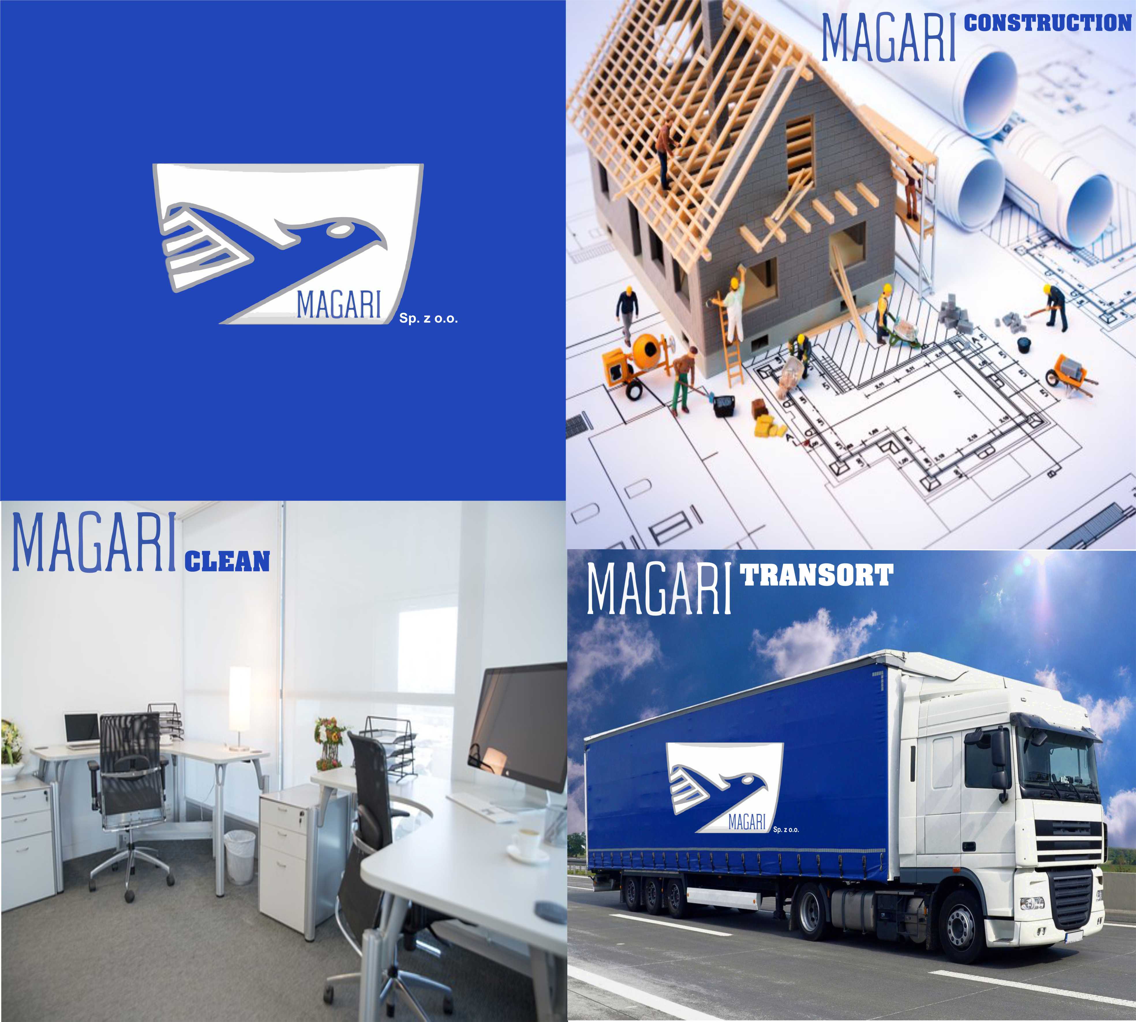 Kompozycja z logo firmy w czterech wariantach: budowa domu z planami, czyste biuro, ciężarówka z naczepą w barwach firmy, logo firmy na niebieskim tle.