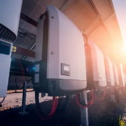 Rząd białych inwerterów fotowoltaicznych zamontowanych pod panelami słonecznymi, z widocznymi czerwonymi przewodami i oznaczeniem uziemienia, oświetlonych ciepłym światłem słonecznym.