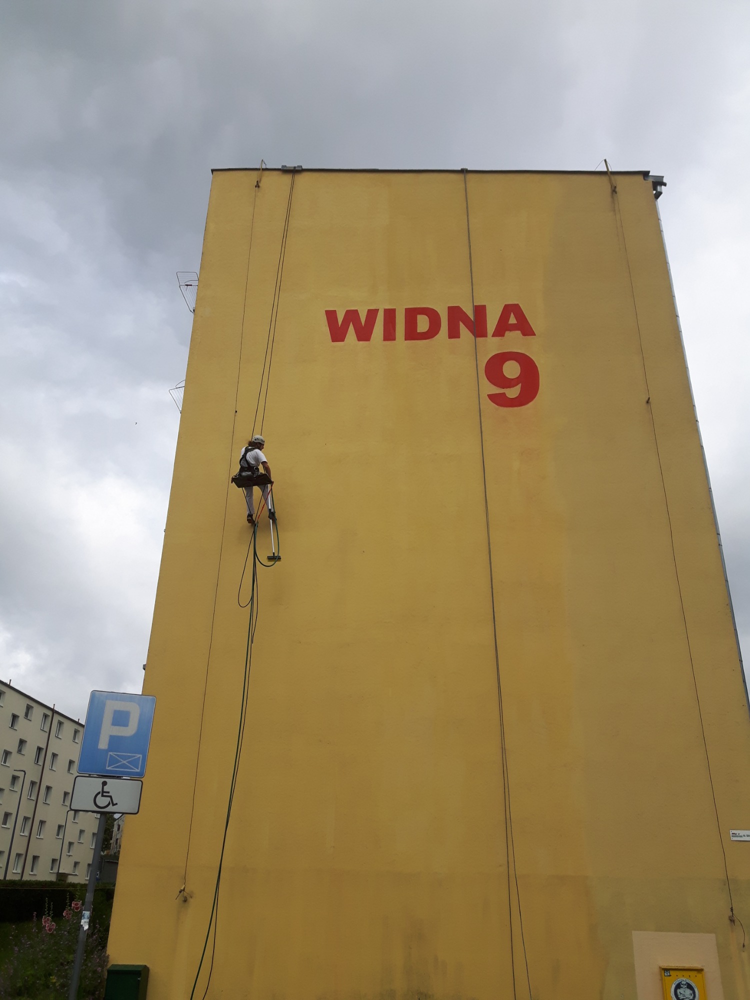 Pracownik alpinistyczny na linach czyści elewację żółtego bloku z napisem 'WIDNA 9', widoczny znak parkingu dla niepełnosprawnych.