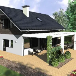 Plan domu, wariant elewacji przygotowany dla inwestycji na działce rekreacyjnej.