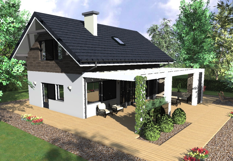 Plan domu, wariant elewacji przygotowany dla inwestycji na działce rekreacyjnej.