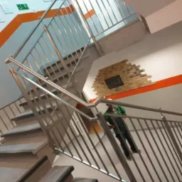 Klatka schodowa z metalową balustradą, pomalowana na biało z pomarańczowymi pasami, widoczna osoba w zielonej kurtce przy poręczy.