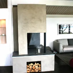 Nowoczesny kominek z betonową obudową, wnęką na drewno i szklanym lampionem ze świecą, na tle salonu z sofą i obrazem.