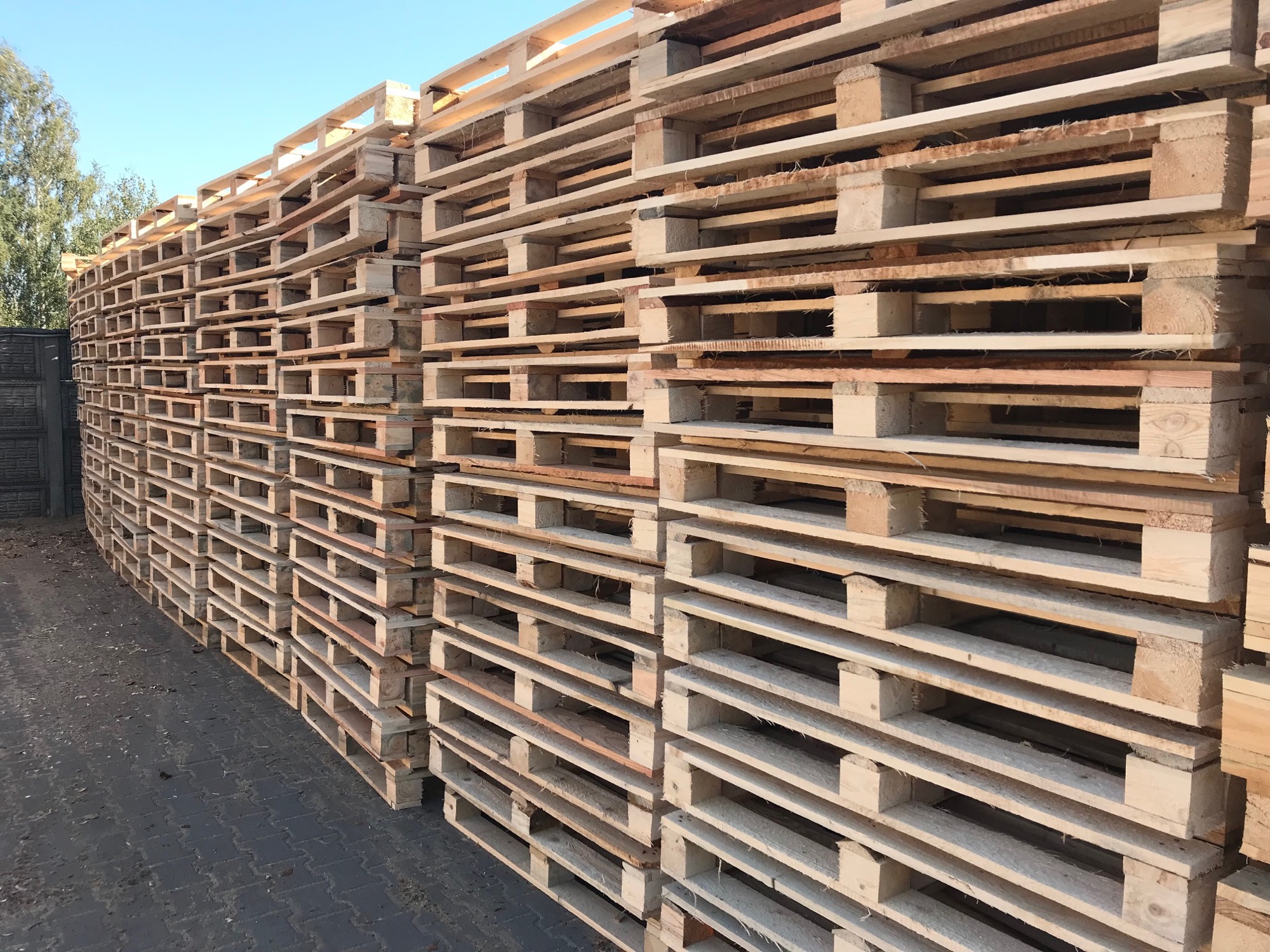 Stos jasnych, drewnianych palet ułożonych jeden na drugim, widoczne ślady użytkowania na niektórych paletach, szara kostka brukowa pod spodem, fragment ciemnego ogrodzenia w tle po lewej stronie...