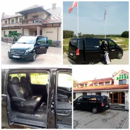 Czarny van Mercedes-Benz Vito z otwartymi drzwiami, widok na wnętrze z czarnymi skórzanymi siedzeniami, na tle budynku restauracji i hotelu oraz pola golfowego, z logo firmy transportowej...