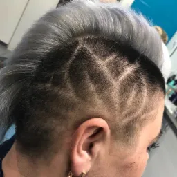 Wzorzyste wycięcie na krótko ostrzyżonych, ciemnych włosach z siwym irokezem, widok z boku, złoty kolczyk w uchu.