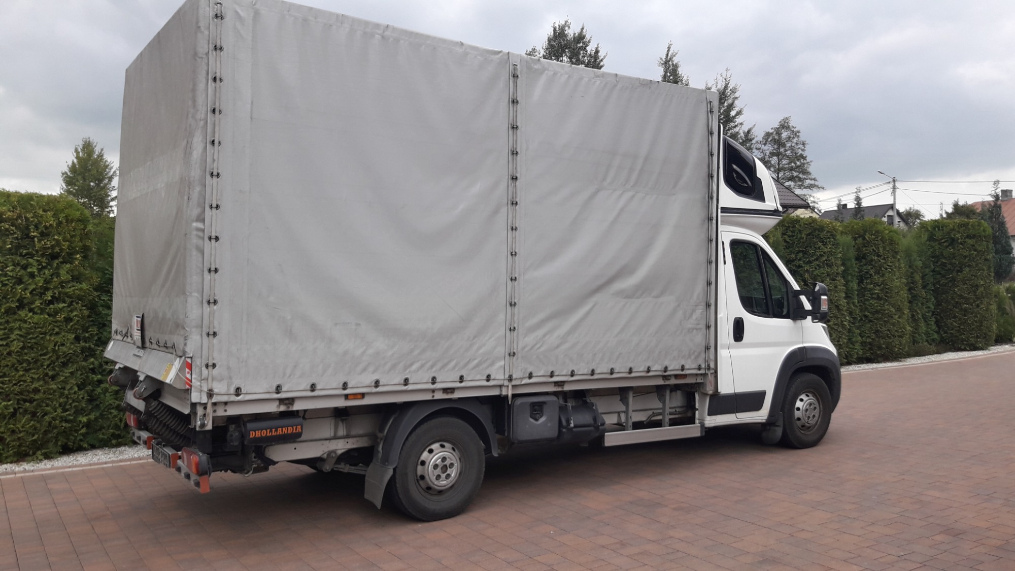 Biały bus z plandeką marki Fiat Ducato, zaparkowany na brukowanym podjeździe, z widocznym logo 'Dhollandia' na tyle pojazdu, na tle zielonych tuj.