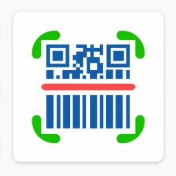 Ikony aplikacji mobilnej do skanowania kodów QR i kreskowych, z symbolami udostępniania, zapisu, edycji i wyszukiwania.