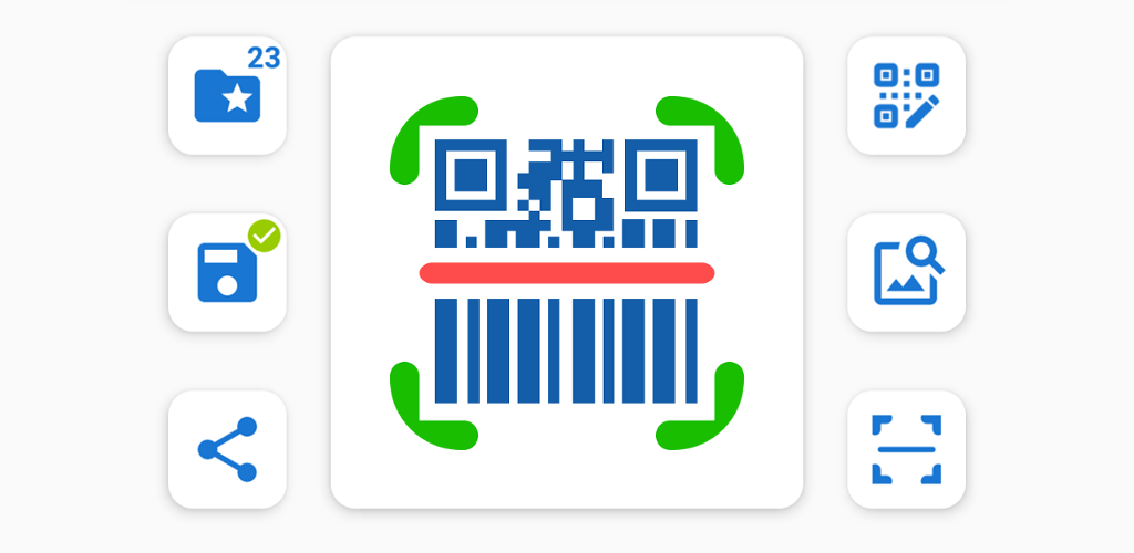 Ikony aplikacji mobilnej do skanowania kodów QR i kreskowych, z symbolami udostępniania, zapisu, edycji i wyszukiwania.