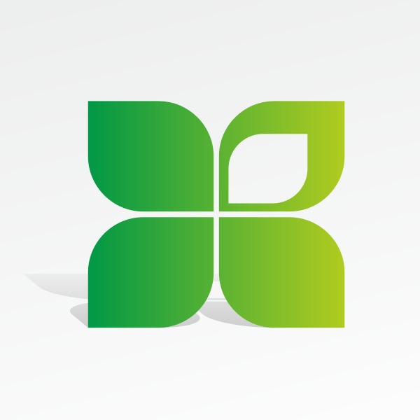 Abstrakcyjne logo w kształcie czterech zielonych liści, z gradientem od jasnego do ciemnego, ułożonych symetrycznie wokół centralnego punktu, rzucające delikatny cień na jasne tło.