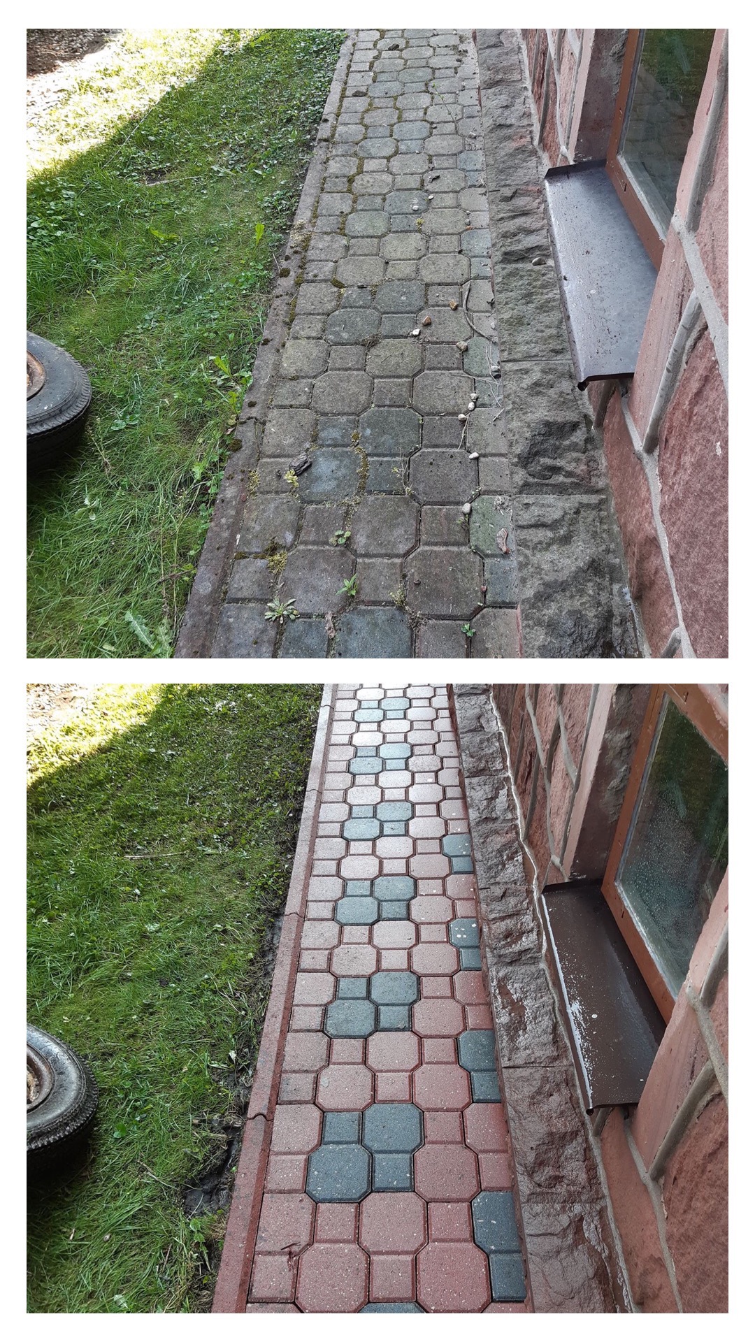 Porównanie stanu kostki brukowej przed i po czyszczeniu: górne ujęcie pokazuje brudną, porośniętą mchem kostkę, dolne - czystą, wielokolorową kostkę przy ścianie budynku z oknem.