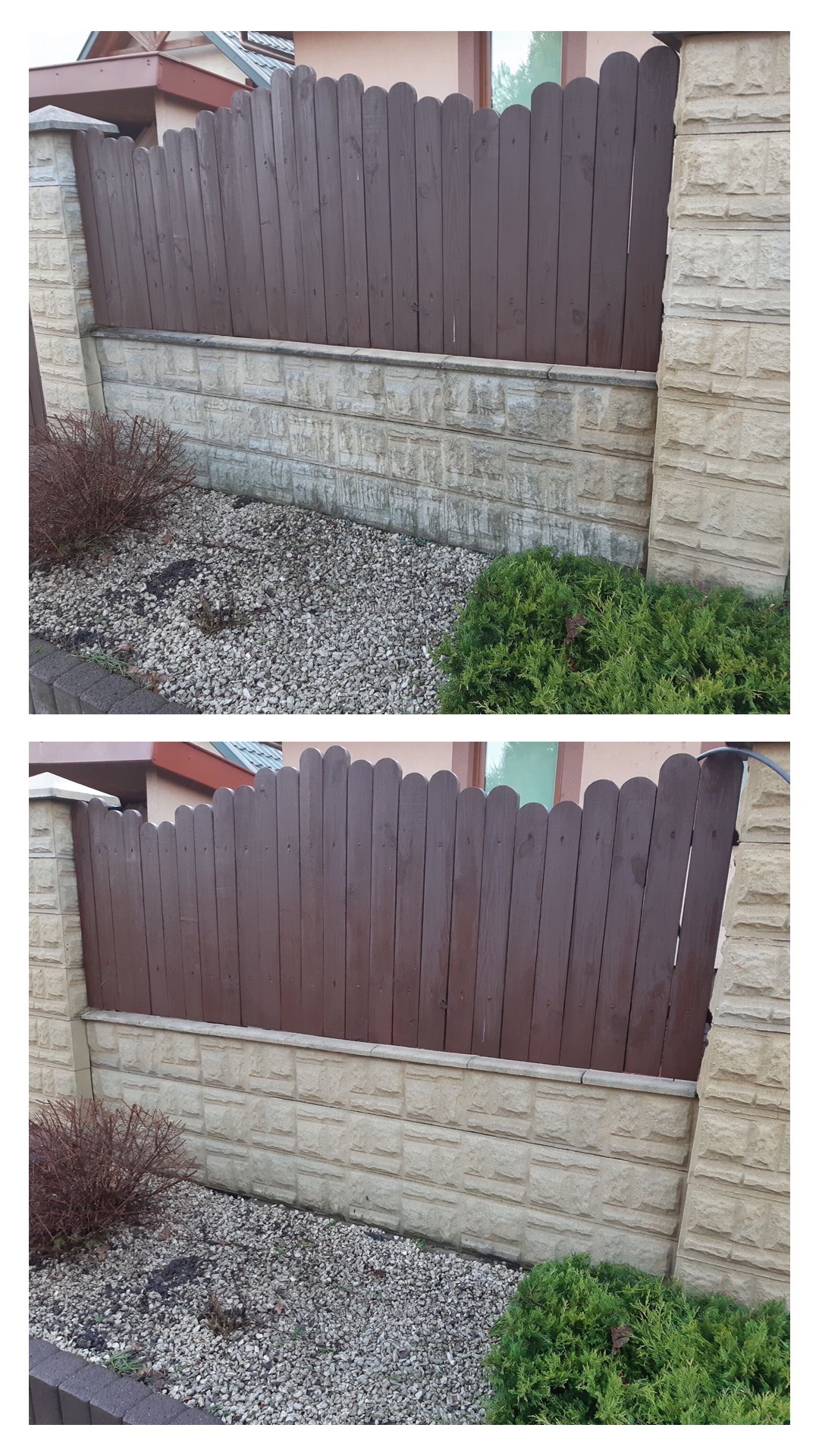 Brązowe, drewniane ogrodzenie panelowe z zaokrąglonymi szczytami, osadzone na niskim, kamiennym murku z jasnego piaskowca, otoczone żwirem i niską zielenią.
