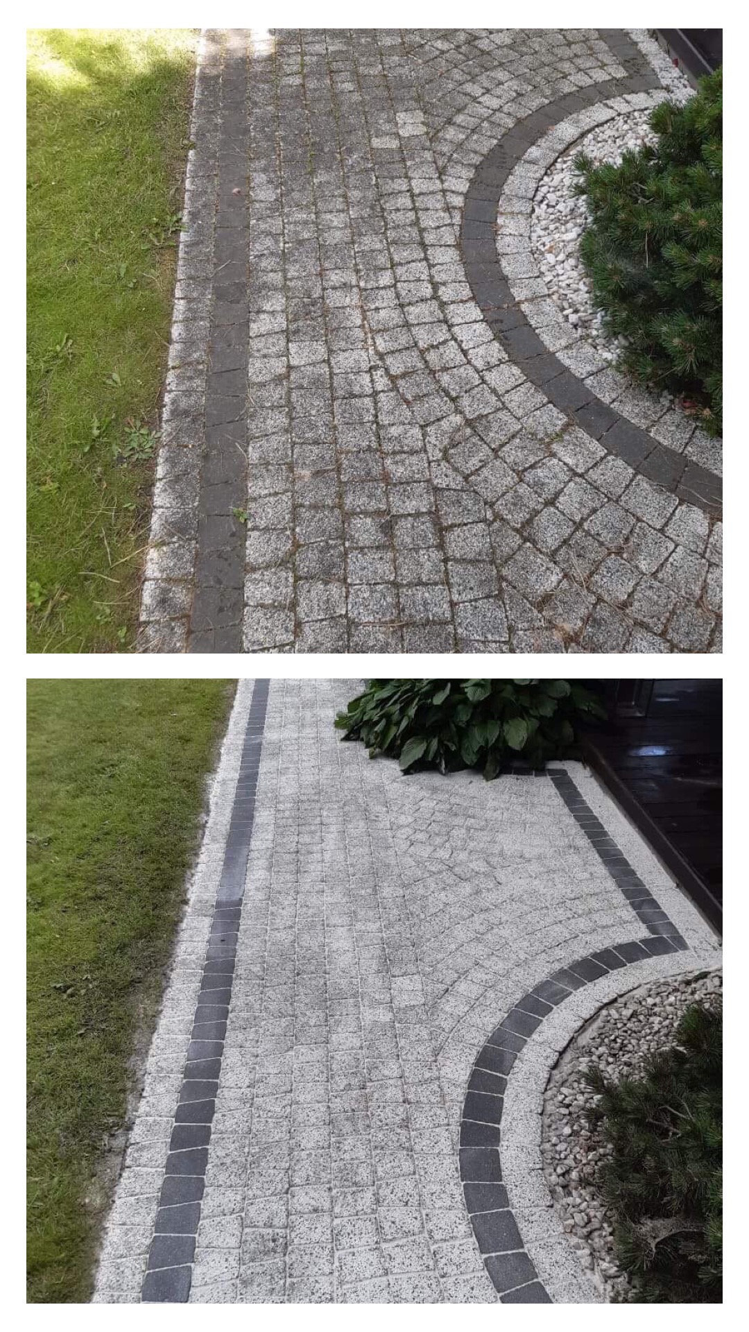 Dwa ujęcia fragmentu ścieżki z kostki granitowej w odcieniach szarości, obrzeża z ciemniejszej kostki, z jednej strony trawnik, z drugiej krzewy ozdobne i jasne kamyki.