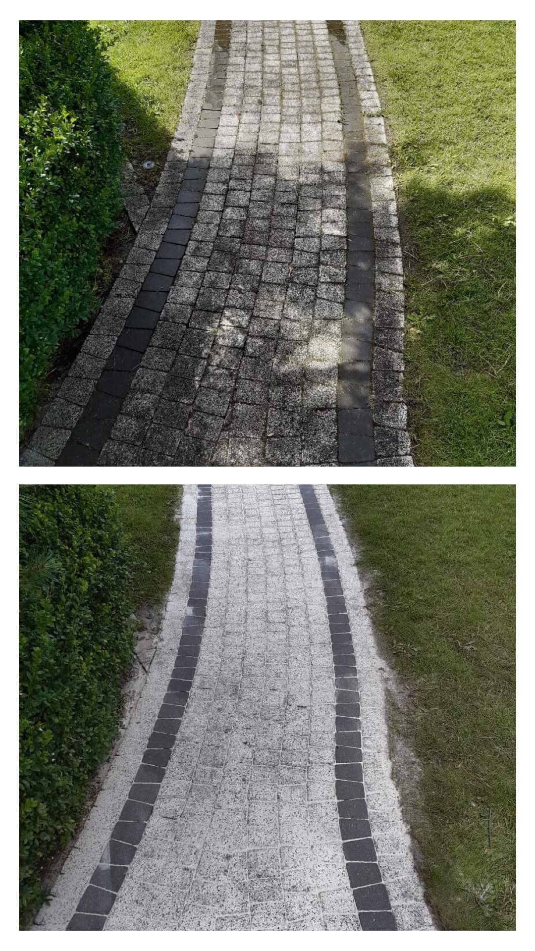 Porównanie kostki brukowej przed i po czyszczeniu: górny kadr pokazuje zabrudzoną powierzchnię, dolny kadr prezentuje odnowioną, czystą kostkę, z widoczną różnicą w kolorze i usuniętym brudem, obok...