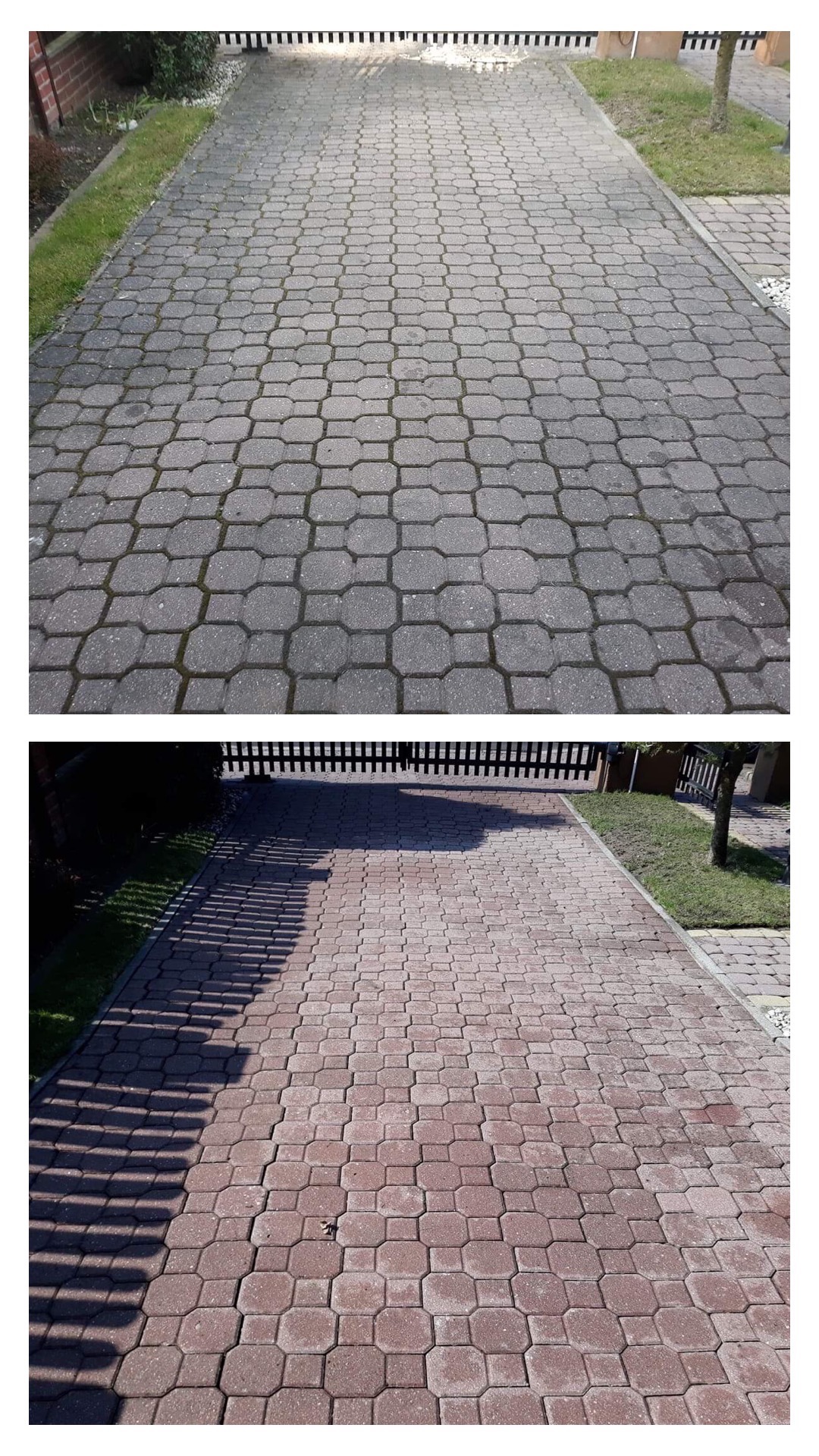 Porównanie kostki brukowej przed i po umyciu: górna część szara i zabrudzona mchem, dolna część czerwona i czysta.