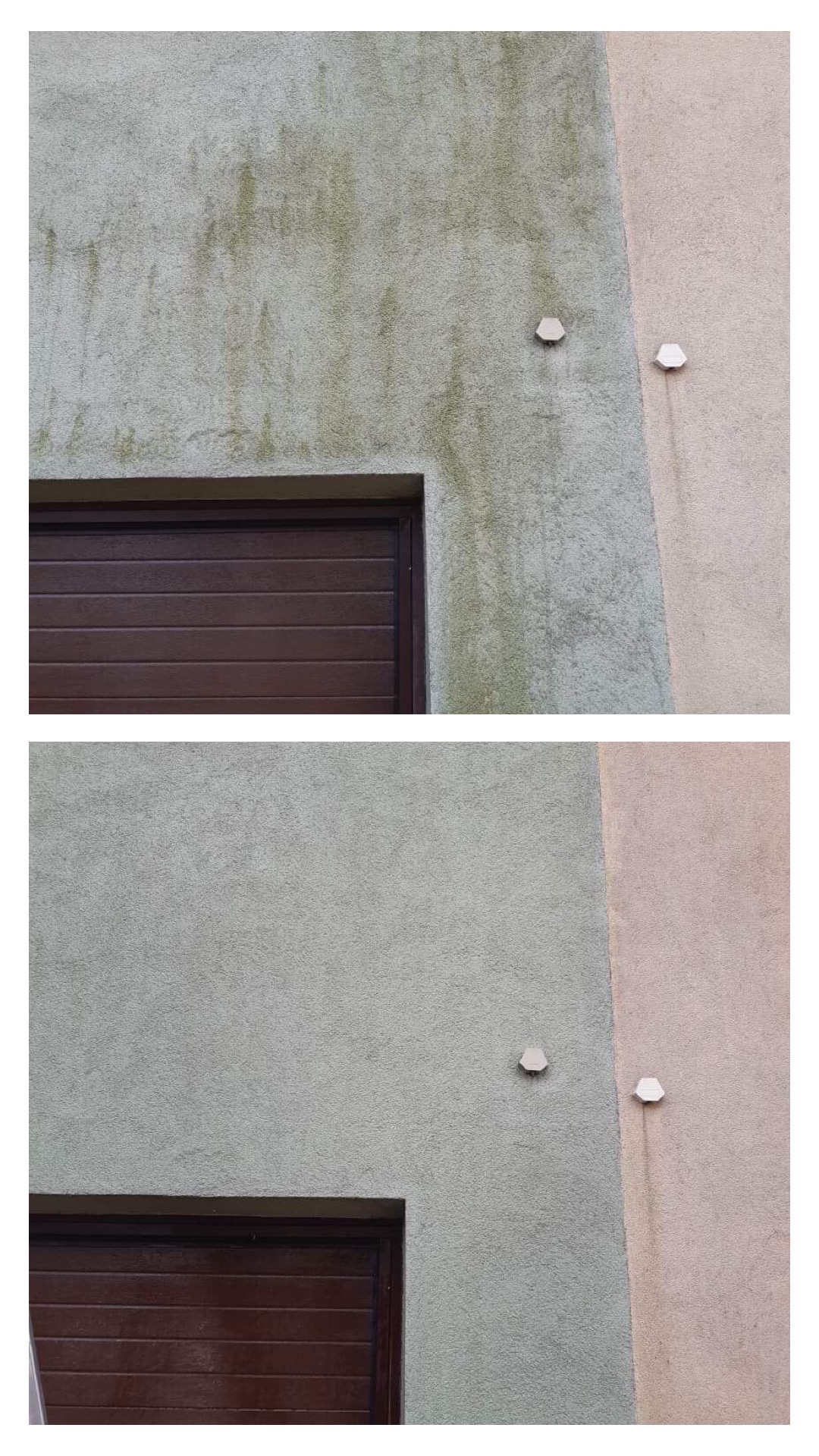 Porównanie elewacji budynku przed i po czyszczeniu, widoczne usunięcie zielonych nalotów i zabrudzeń na szarej ścianie obok brązowej bramy garażowej, z detalami dwóch białych elementów mocujących.