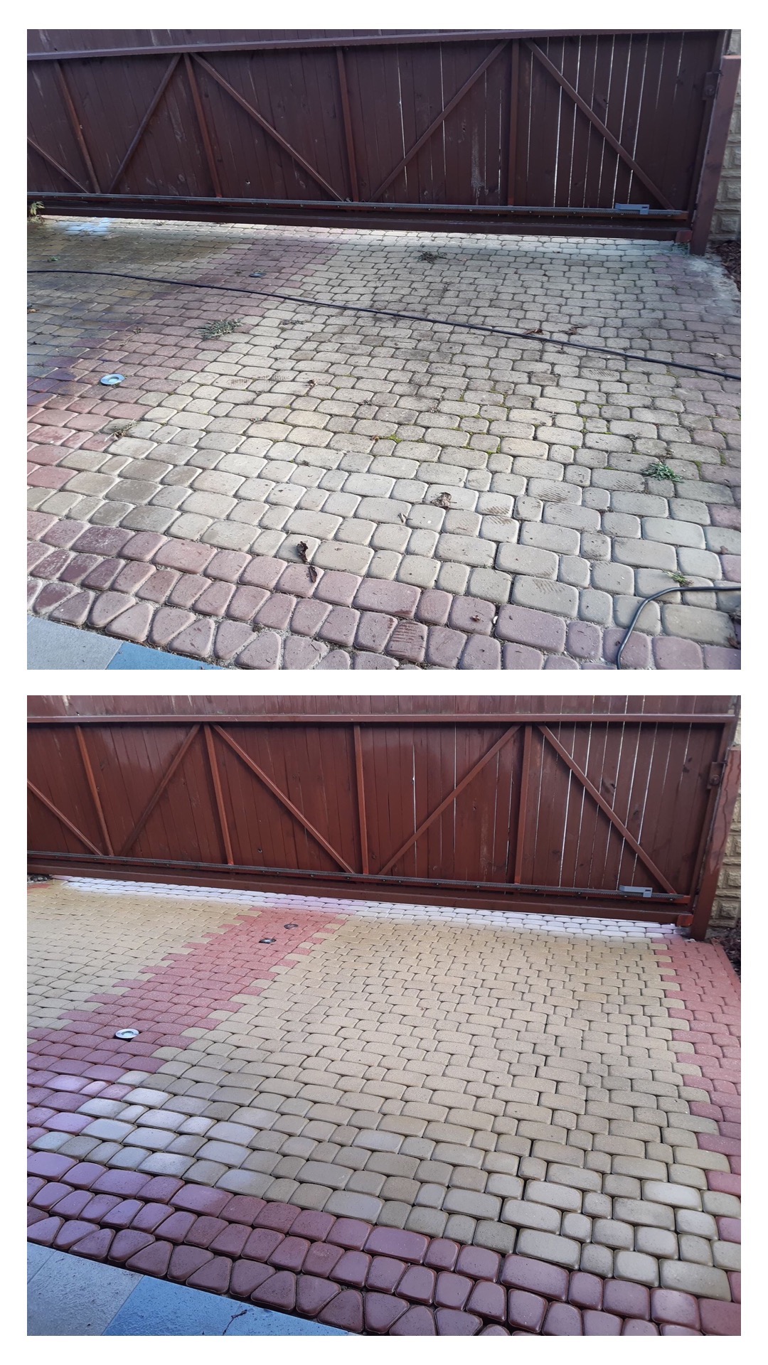 Porównanie kostki brukowej przed i po czyszczeniu, widoczne różnice w kolorze i usunięte zabrudzenia, brama wjazdowa w tle.