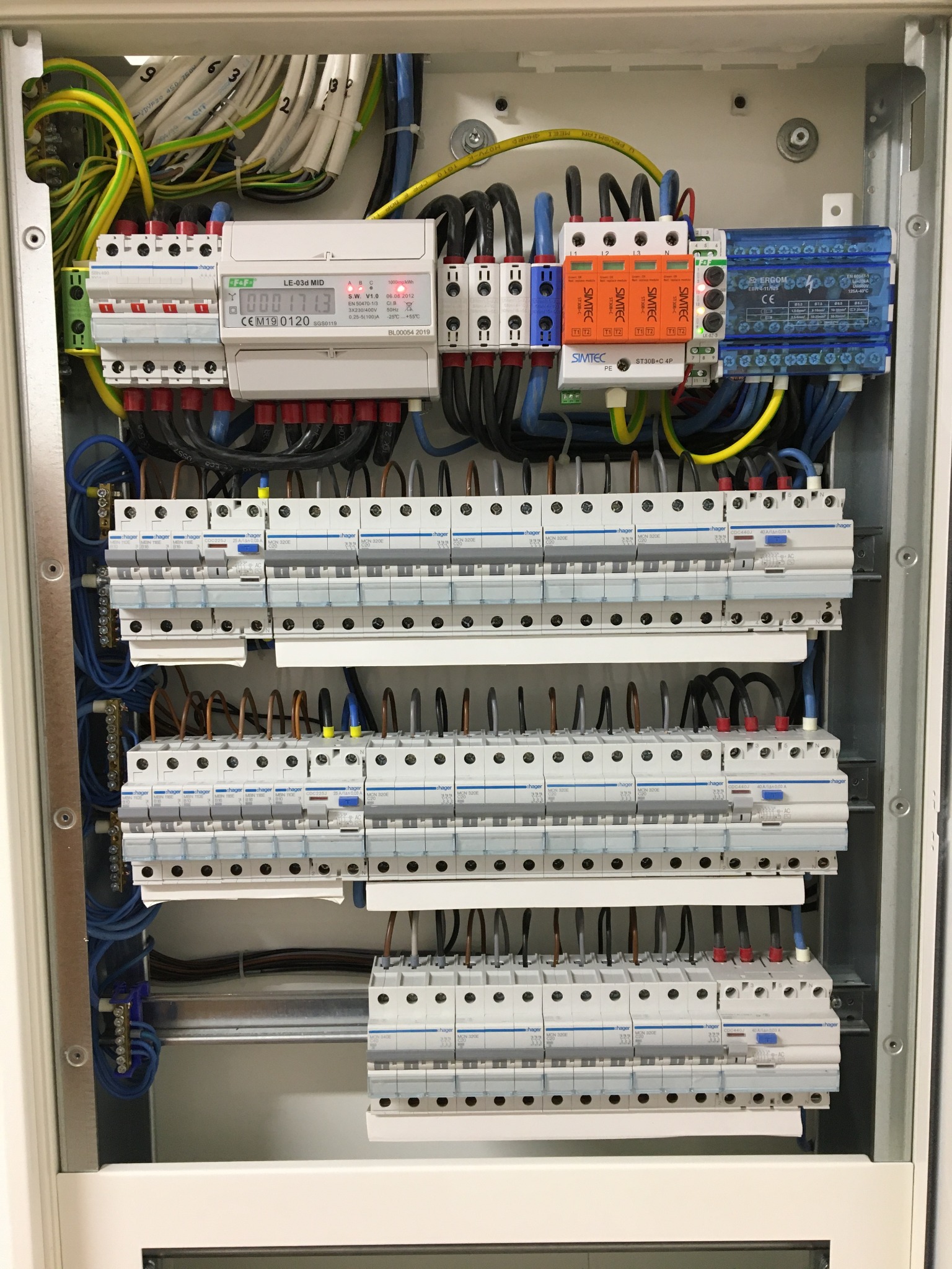 Rozdzielnica elektryczna z zainstalowanymi bezpiecznikami, modułem pomiarowym i zabezpieczeniami przeciwprzepięciowymi, widoczne przewody i kable w różnych kolorach, uporządkowane wewnątrz obudowy.