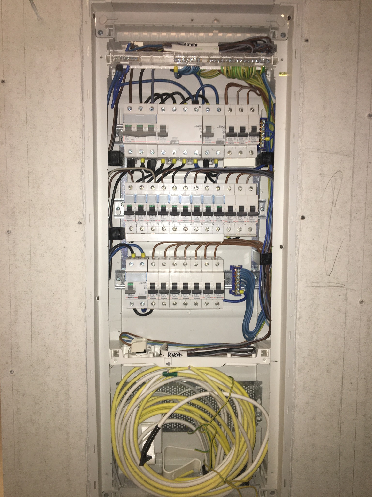 Otwarta skrzynka bezpiecznikowa z zamontowanymi bezpiecznikami Legrand, okablowaniem i zwitką żółto-białego przewodu w dolnej części. Ściana obok skrzynki z widocznymi śladami ołówka.