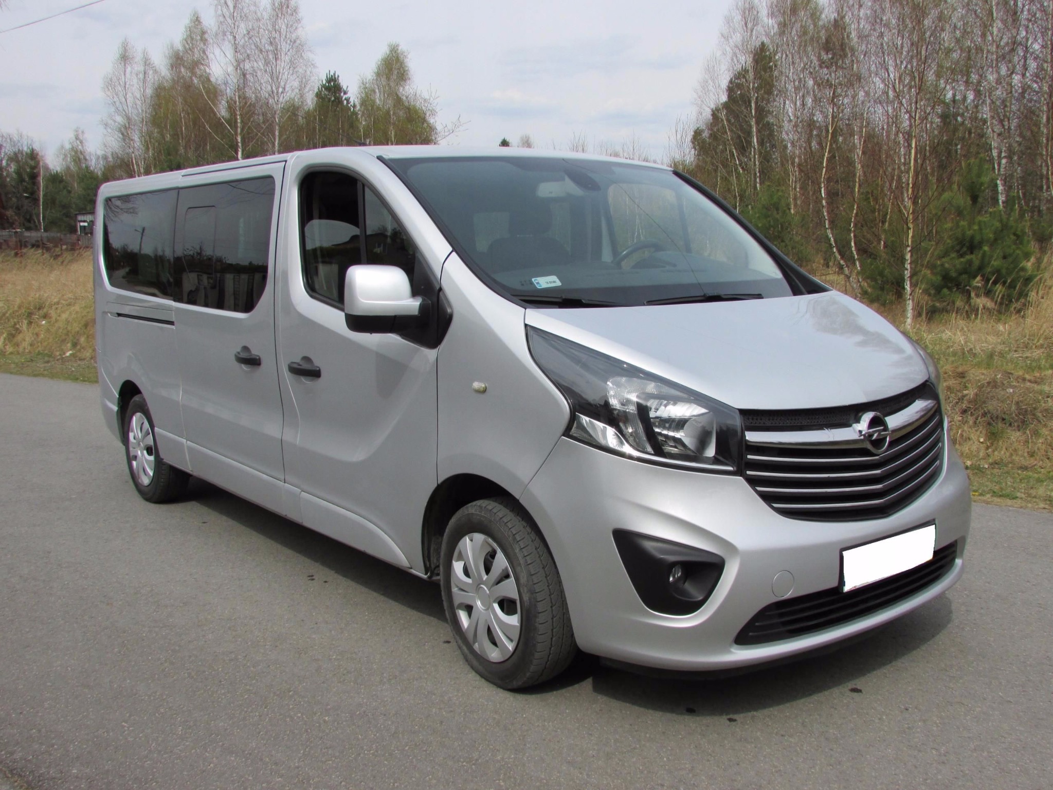 Srebrny Opel Vivaro, widok z przodu na tle drzew i asfaltowej drogi, z zasłoniętą tablicą rejestracyjną.