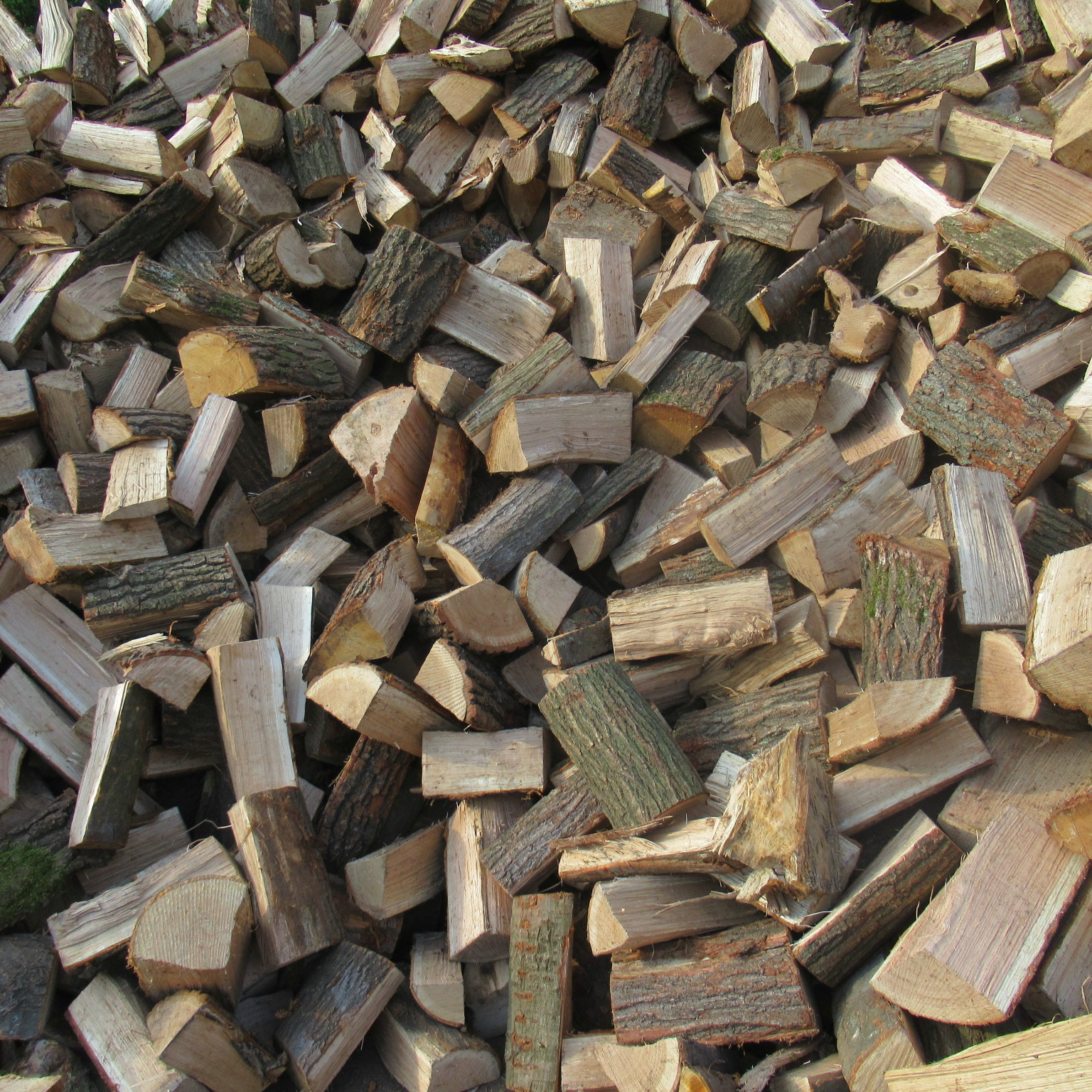 Stos pociętego drewna ułożonego w nieładzie, widoczne różne gatunki drzew i fragmenty kory.