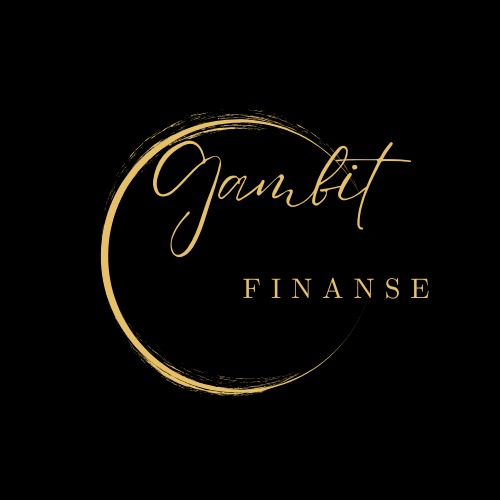 Eleganckie logo 'Gambit Finanse' w złotym okręgu na czarnym tle. Nazwa firmy pisana kursywą, poniżej napis 'FINANSE' wersalikami.