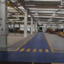 Wnętrze hali produkcyjnej z betonowymi kolumnami, oświetleniem sufitowym i wyznaczonymi strefami komunikacji w kolorze niebieskim z żółtymi pasami, widoczny wózek widłowy i elementy konstrukcyjne