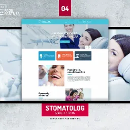 Prezentacja szablonu strony internetowej dla stomatologii zachowawczej, z widocznymi sekcjami o implantach, nici dentystycznych i szczotkowaniu, umieszczona na monitorze.