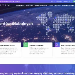 Strona internetowa firmy Mayam z mapą świata w tle, oferująca usługi dla klientów globalnych, z naciskiem na bezpieczeństwo danych, szybkie ładowanie i brak ukrytych kosztów.