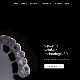 Strona internetowa firmy Warsaw Design Atelier prezentująca model łuku zębowego wykonany w technologii 3D, z tekstem 'Łączymy sztukę z technologią 3D' i przyciskiem 'Dowiedz się więcej'.