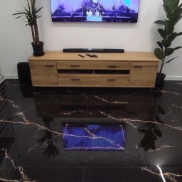 PRESTIGE EDYTA LANGHOLTZ - Salon z czarną, marmurkową podłogą, drewnianą szafką RTV, telewizorem i roślinami doniczkowymi. Nowoczesne wnętrze z odbiciem w podłodze.