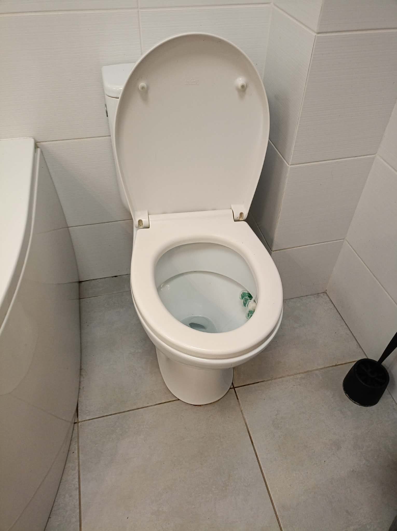 Biała toaleta z otwartą klapą w łazience z szarymi płytkami. W muszli widoczne resztki po czyszczeniu. Obok szczotka do WC.