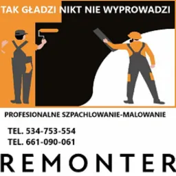 Grafika reklamowa firmy remontowej: dwóch robotników w kombinezonach, jeden maluje wałkiem, drugi szpachluje, na tle białej masy imitującej gładź, z hasłem 'TAK GŁADZI NIKT NIE WYPROWADZI' i danymi...
