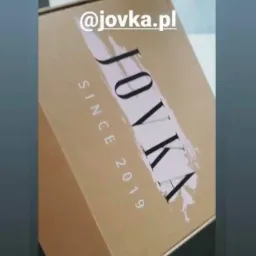 Kartonowe pudełko z logo 'JOVKA SINCE 2019' w kolorze czarnym na beżowym tle, częściowo zakryte białym pociągnięciem pędzla.