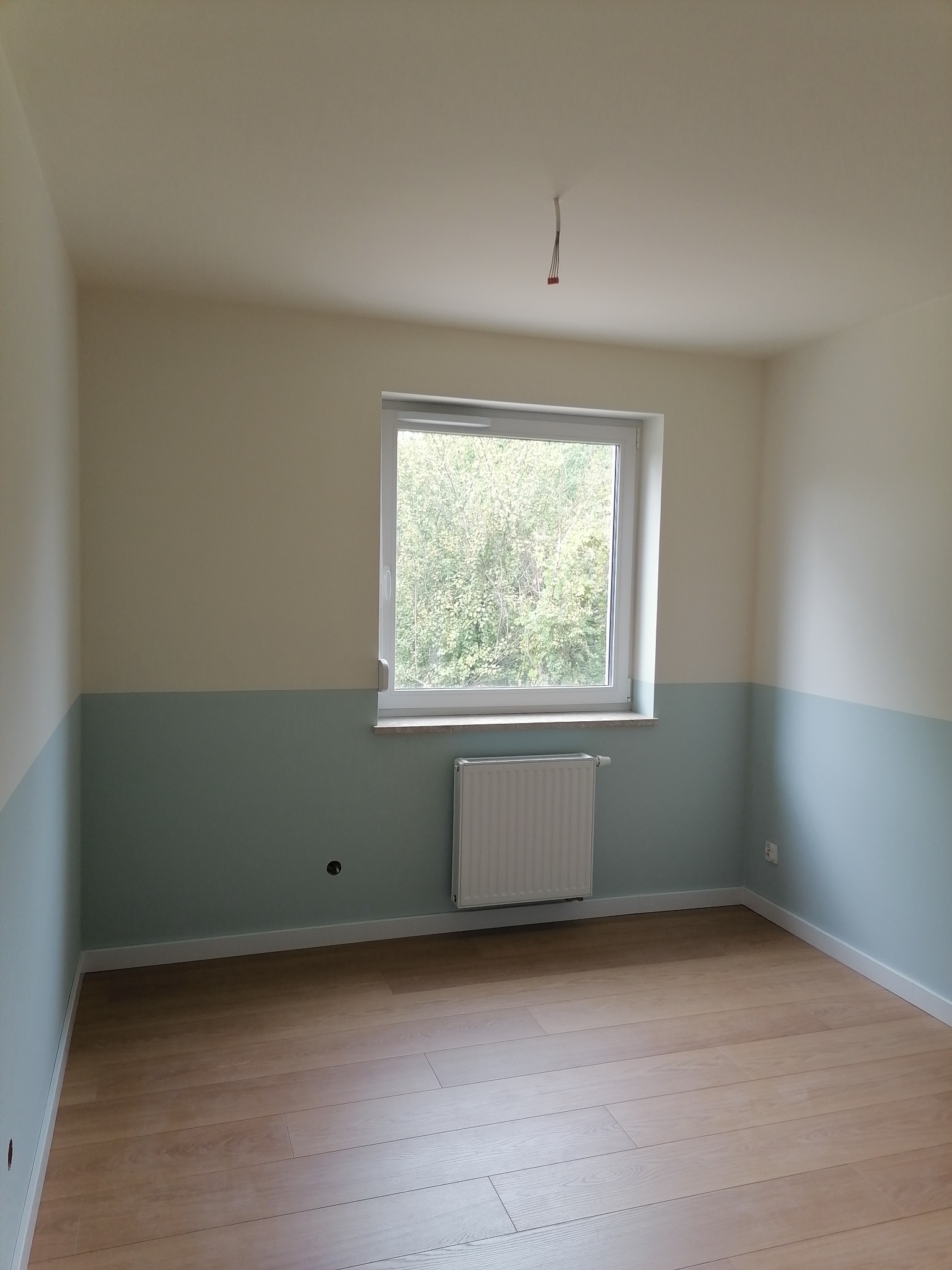 Pomalowane na dwa kolory ściany w pustym pokoju: górna część kremowa, dolna część niebiesko-szara, drewniana podłoga, białe okno z widokiem na drzewa.