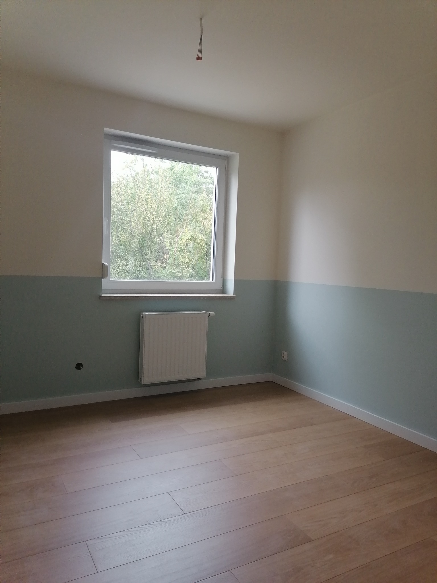 Pomalowane na dwa kolory wnętrze pokoju z drewnianą podłogą, białym grzejnikiem i oknem z widokiem na zieleń. Dolna część ścian w odcieniu pastelowej zieleni, górna kremowa. Z sufitu zwisają kable.