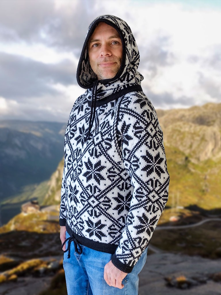 Sweter męski ręcznie robiony z miękkiej wełnianej włóczki z żakardowym norweskim rysunkiem ze zdejmowanym kapturem