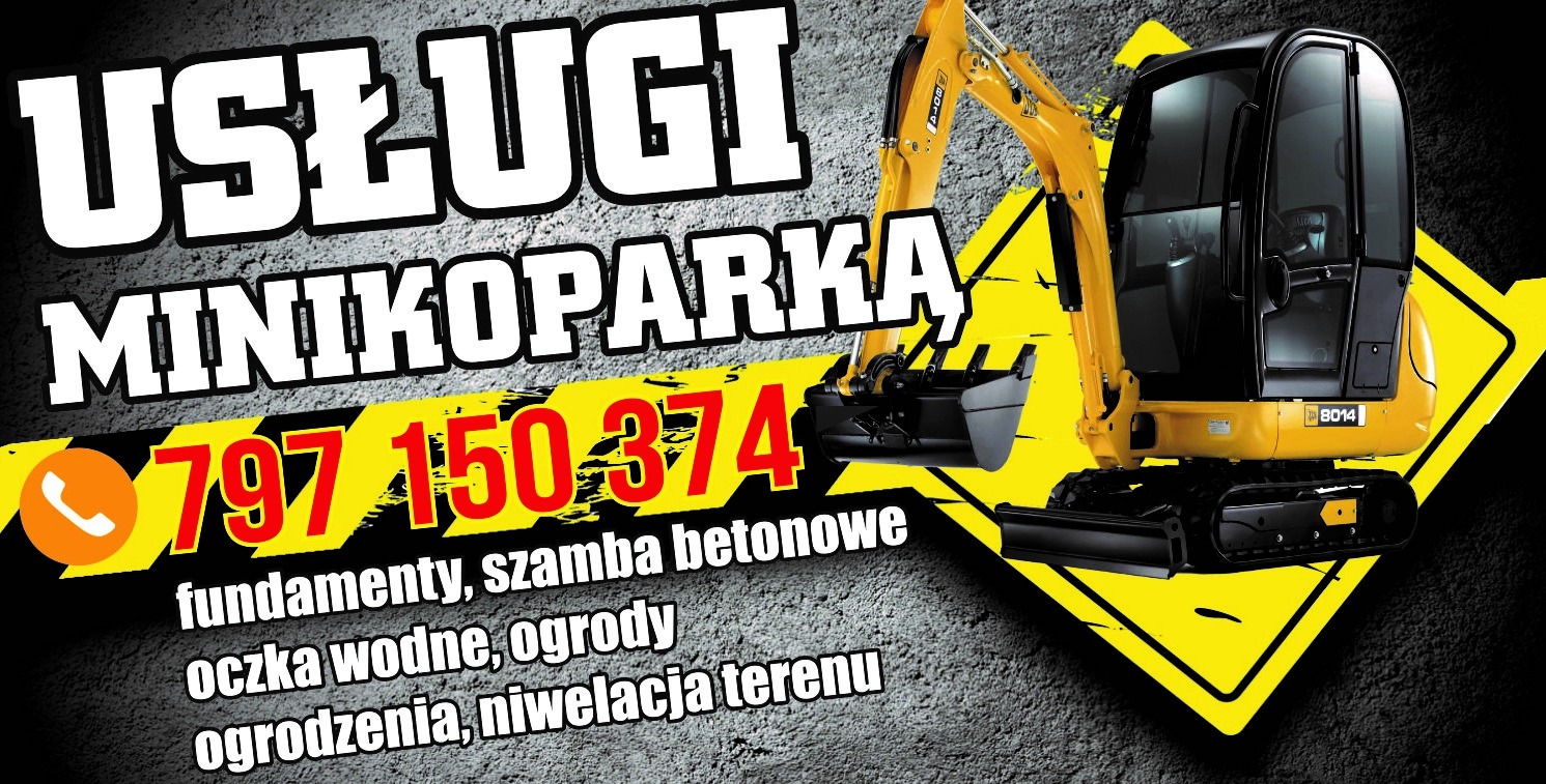 Grafika reklamowa z żółtym minikoparką JCB 8014, numerem telefonu 797 150-374 i hasłami: fundamenty, szamba betonowe, oczka wodne, ogrody, ogrodzenia, niwelacja terenu.