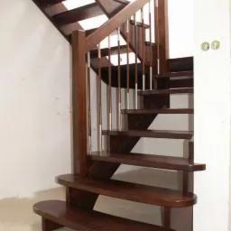 Klatka schodowa z ciemnego drewna z metalowymi prętami balustrady, zaokrąglone stopnie, widok z dołu, pod ścianą z gniazdkami elektrycznymi.