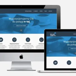 Responsywna prezentacja strony internetowej na monitorze, laptopie, tablecie i smartfonie, wyświetlająca hasło 'Wypozycjonujemy Cię do potęgi n-tej' w niebieskiej kolorystyce.