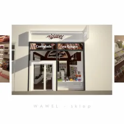 Wizualizacja projektu wnętrza sklepu Wawel z ekspozycją czekolad, widok na ladę i regały z produktami.