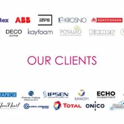 Zbiór logo różnych firm, w tym 3M, ABB, Krosno, Delux Dreams, Sanofi, Total, Gemini Park, prezentowanych jako klienci.