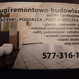 Wizytówka firmy remontowo-budowlanej z ofertą usług: łazienki, poddasza, pokoje mieszkalne, gładzie, malowanie, płytki, instalacje, sufity podwieszane, zabudowy GK, wylewki, ścianki działowe...
