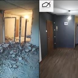 Bałabuch - Porównanie stanu mieszkania przed i po remoncie: widok na zdemolowane ściany i gruz po lewej stronie oraz odnowione wnętrze z ciemną ścianą, drewnianą podłogą i nowym oświetleniem po prawej.