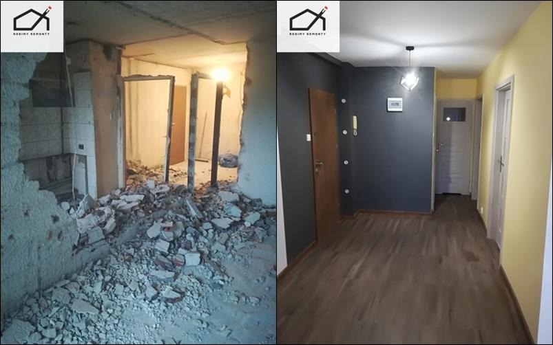 Porównanie stanu mieszkania przed i po remoncie: widok na zdemolowane ściany i gruz po lewej stronie oraz odnowione wnętrze z ciemną ścianą, drewnianą podłogą i nowym oświetleniem po prawej.