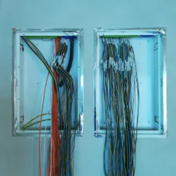 Dwa otwory w ścianie z widocznymi przewodami elektrycznymi, część z nich oznaczona etykietami, zabezpieczone aluminiową taśmą.