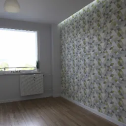 Jasne, puste wnętrze pokoju z drewnianą podłogą, ścianą pokrytą geometryczną tapetą w odcieniach szarości, zieleni i bieli oraz oknem z widokiem na zieleń, z napisem 'relax' na parapecie.