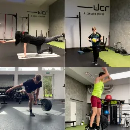 Kolaż zdjęć z sali treningowej: kobieta wykonuje ćwiczenie równowagi na macie, chłopak trzyma piłkę, mężczyzna podnosi sztangę na jednej nodze, chłopak skacze na skrzynię. W tle logo 'UCR W CIĄGŁYM...